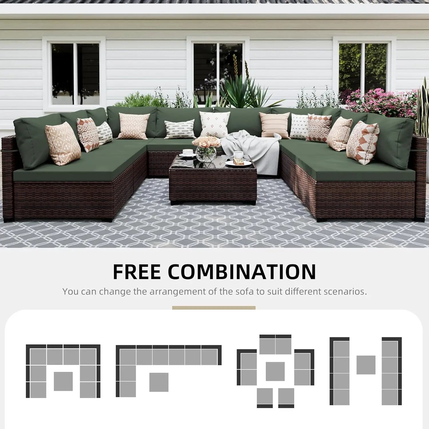 9 Pieces Patio Furniture Sets, Wicker Outdoor Sectional Sofa Couch with Coffee Table, Patio Conversation Set for, Customized