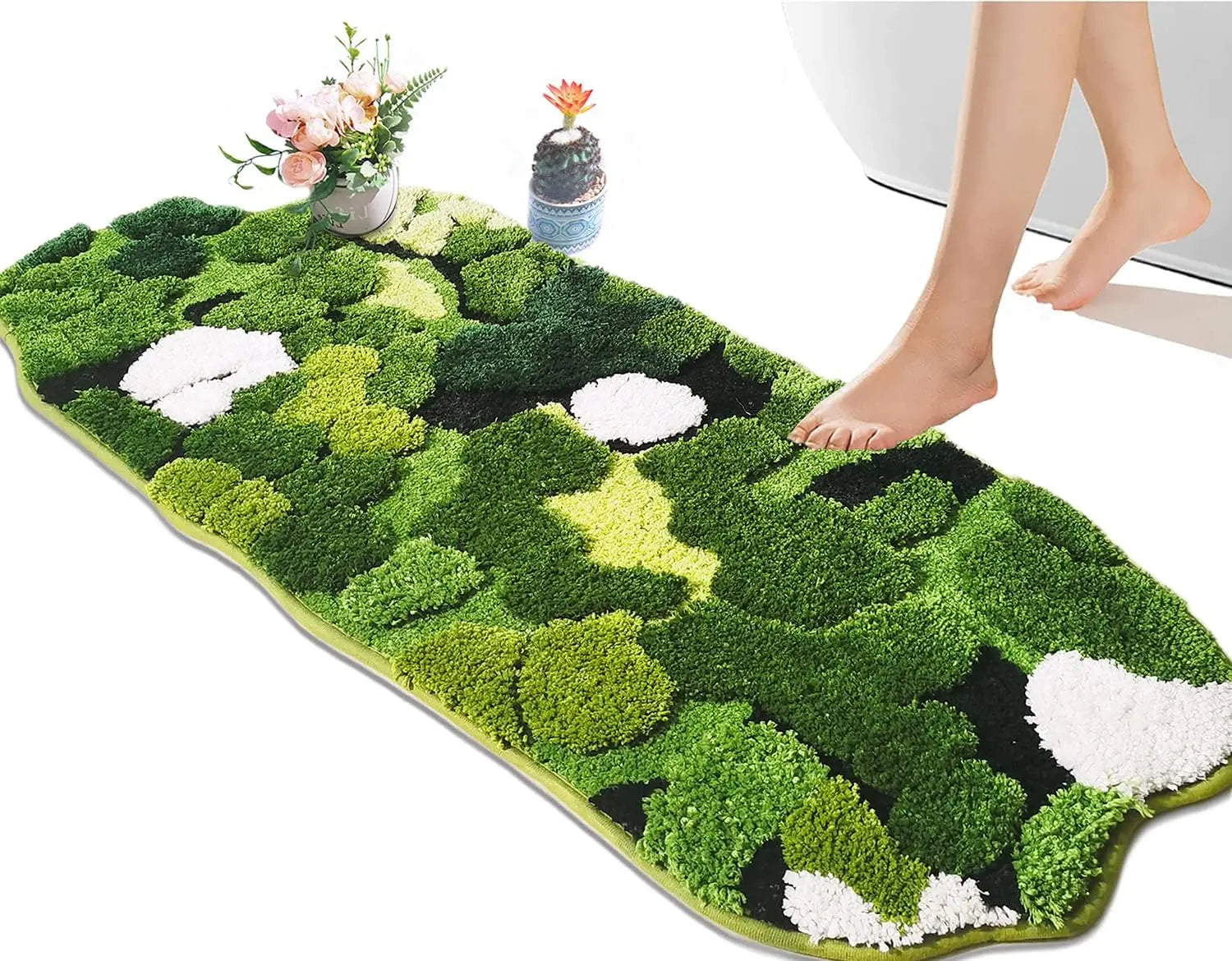 Cute Green Moss Bathroom Runner Rug  Boho Aesthetic Leaf Leaves  Non Slip Absorbent