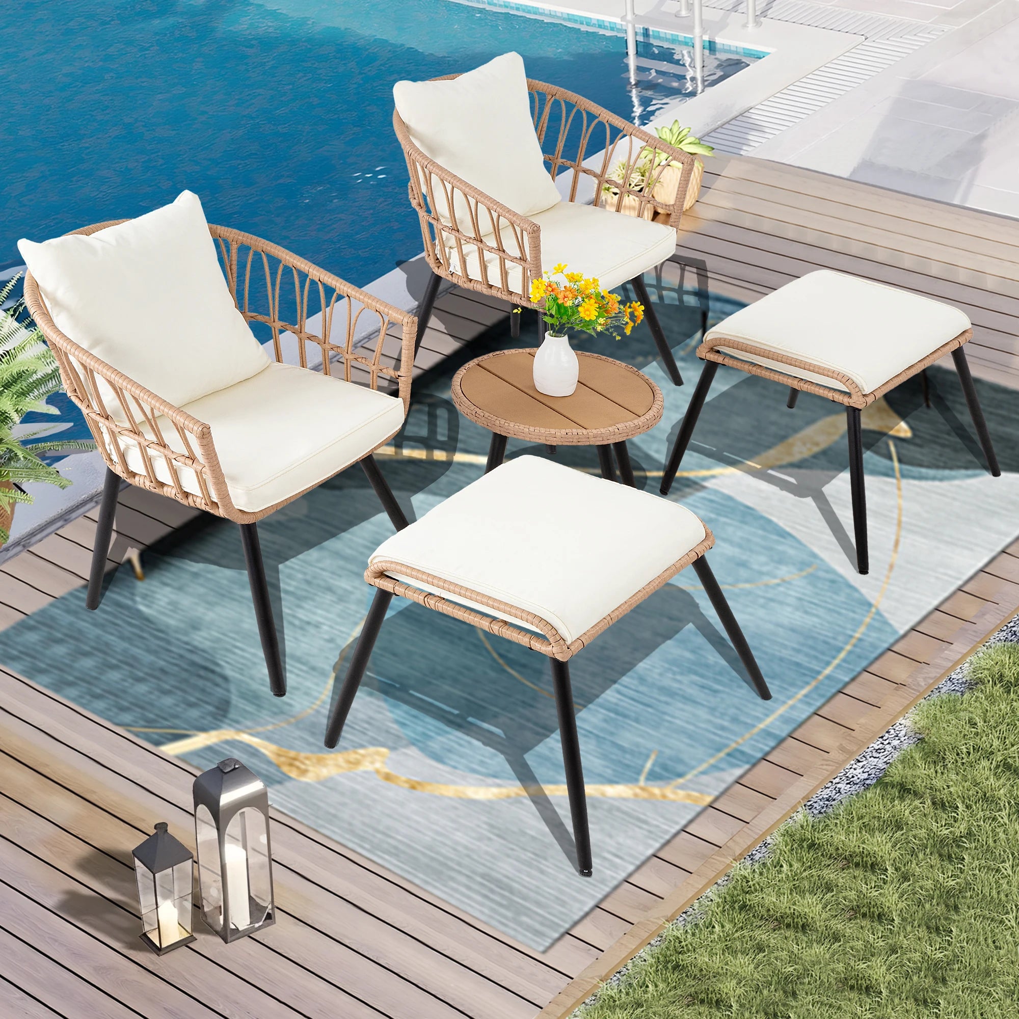 5 Piece Patio Furniture Set, Small Bistro Set, Rattan Chairs With Ottoman & Coffee Table