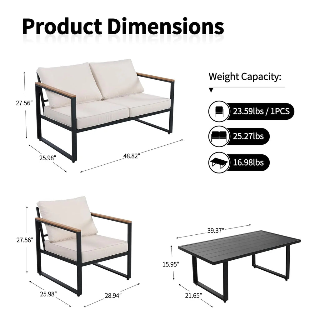 4-Piece Outdoor Patio Set, Metal Conversation Sofa With Washable Cushions, 2 Chairs & Coffee Table For Garden Balcony
