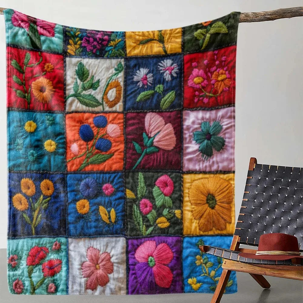 Vintage Floral Print Patchwork Flannel Blanket - Soft and Warm All Seasons Sofa Bed Car Camping Office Throw Blanket