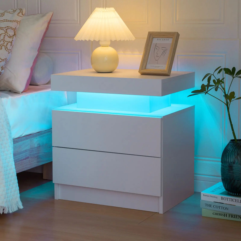 Cubehom LED Nightstand or End Table with 2 Drawers, RGB LED Lights
