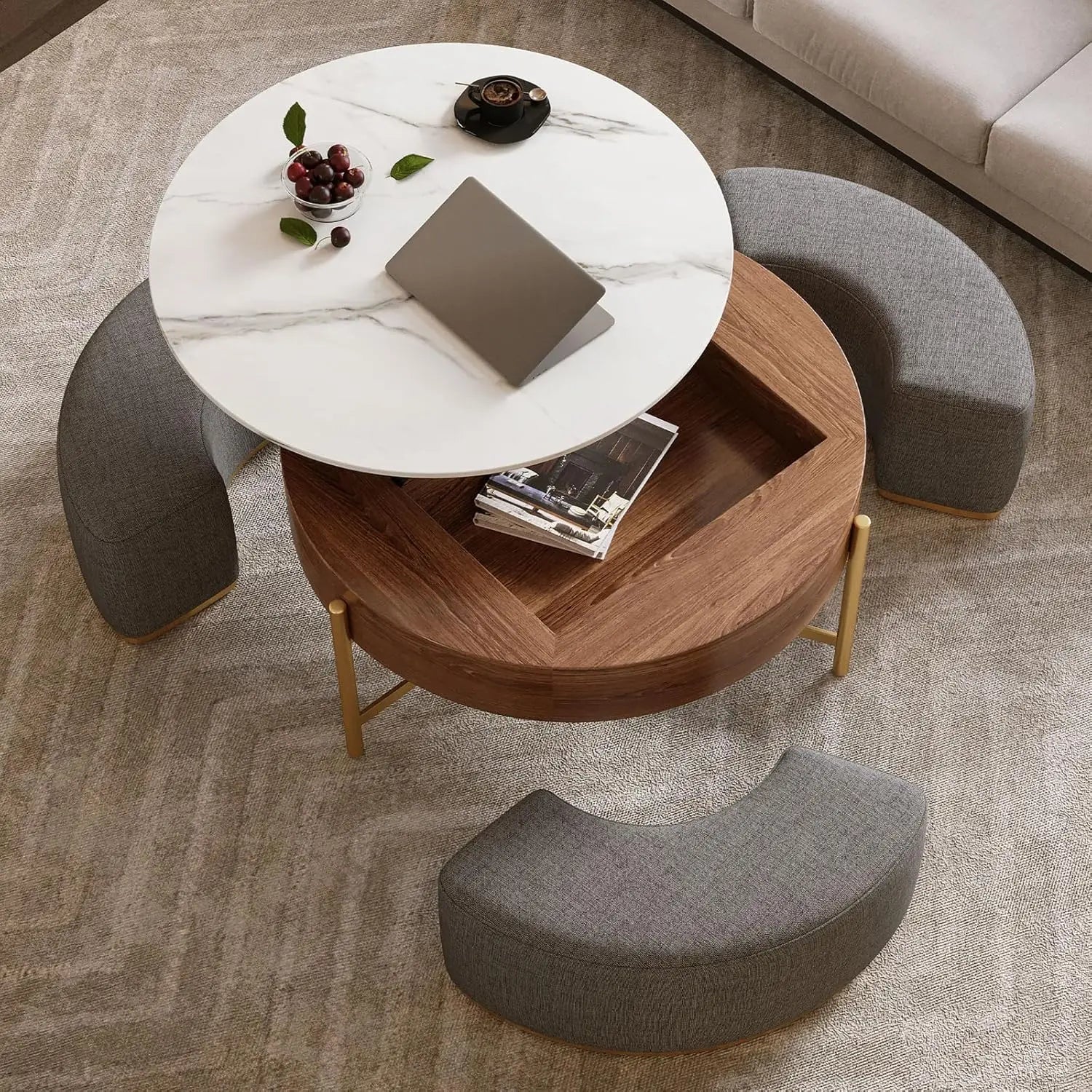 Coffee Table with 3 Stool, Lift-Top Round Coffee Table with Hidden Storage