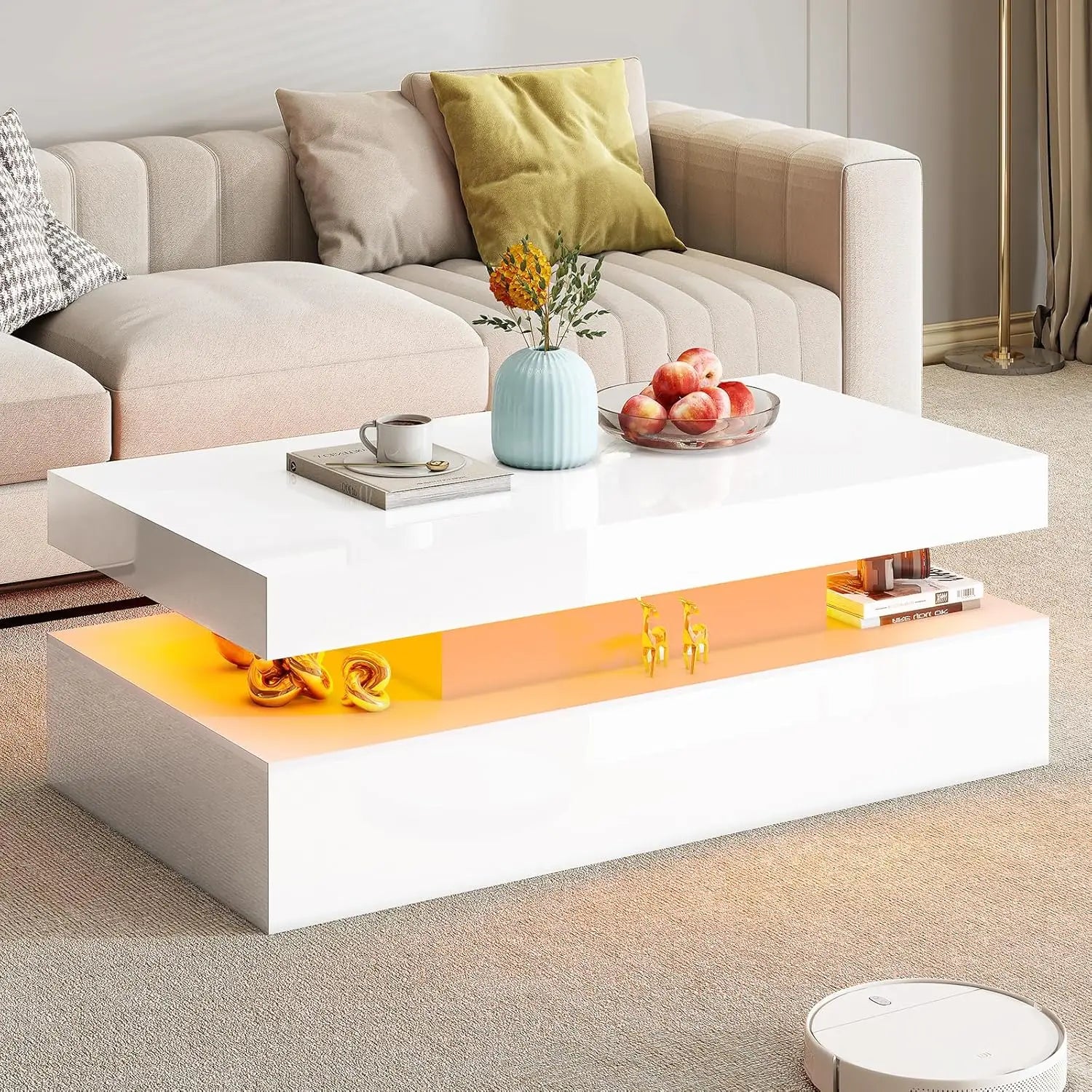 High Gloss LED Coffee Table, Modern 2-Tier Center Table with LED Lights,, 40in Simple, Customized