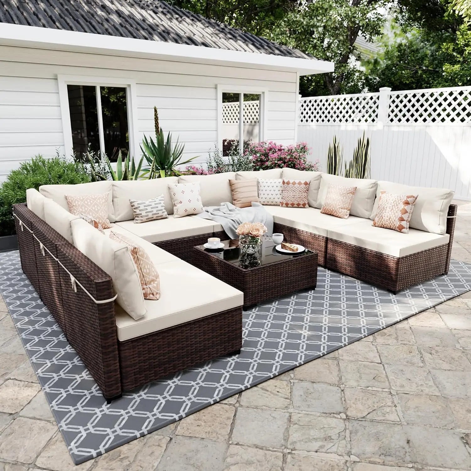 9 Pieces Patio Furniture Sets, Wicker Outdoor Sectional Sofa Couch with Coffee Table, Patio Conversation Set for, Customized