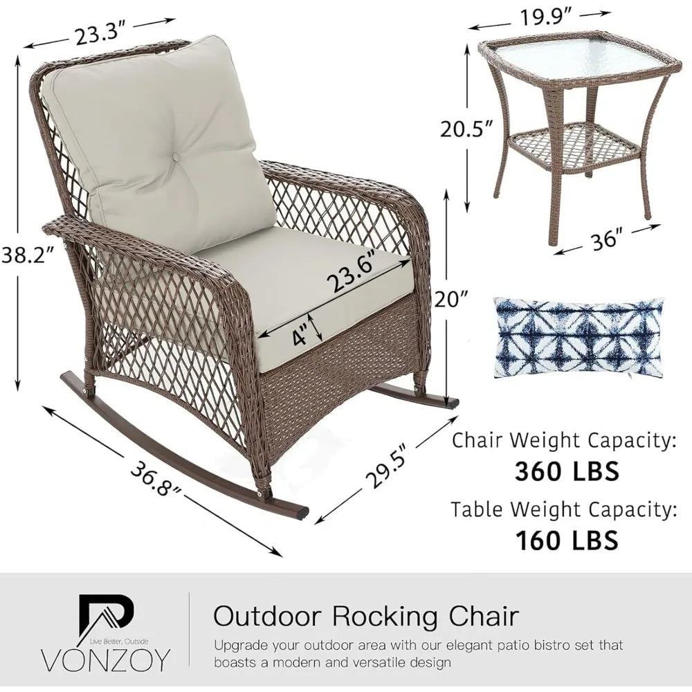 Patio Furniture Set 3 Pieces,  Wicker Outdoor Rocker Chairs and Coffee Table