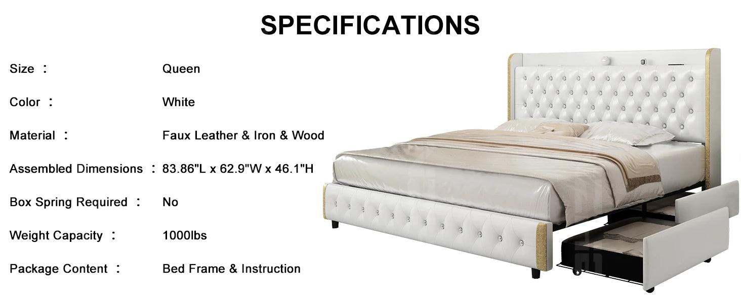 GEGOFORU LED Bed Frame with Galaxy Projector, Bluetooth Speaker, USB Ports, 4 Drawers, No Box Spring Needed, PU Black