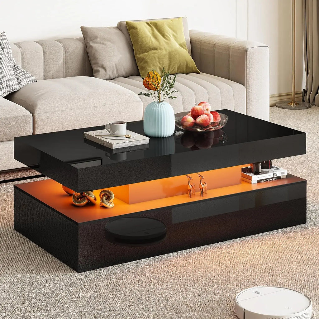 High Gloss LED Coffee Table, Modern 2-Tier Center Table with LED Lights,, 40in Simple, Customized