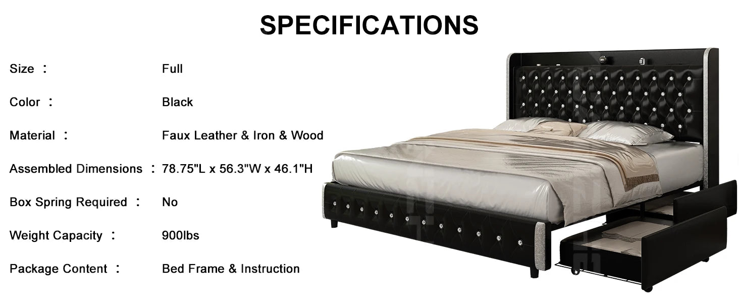 GEGOFORU LED Bed Frame with Galaxy Projector, Bluetooth Speaker, USB Ports, 4 Drawers, No Box Spring Needed, PU Black