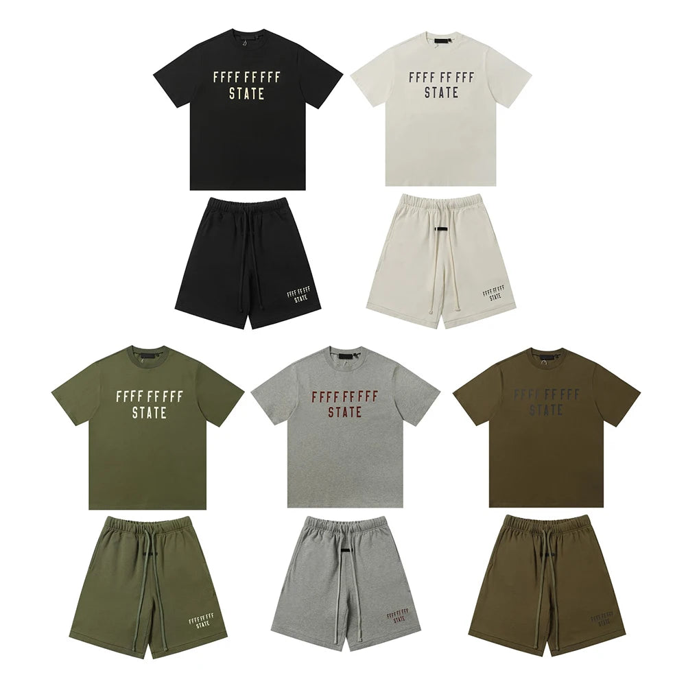 24fw Brand New Collection State Letter Print Short Sleeve T Shirt Shorts Sets Men Women