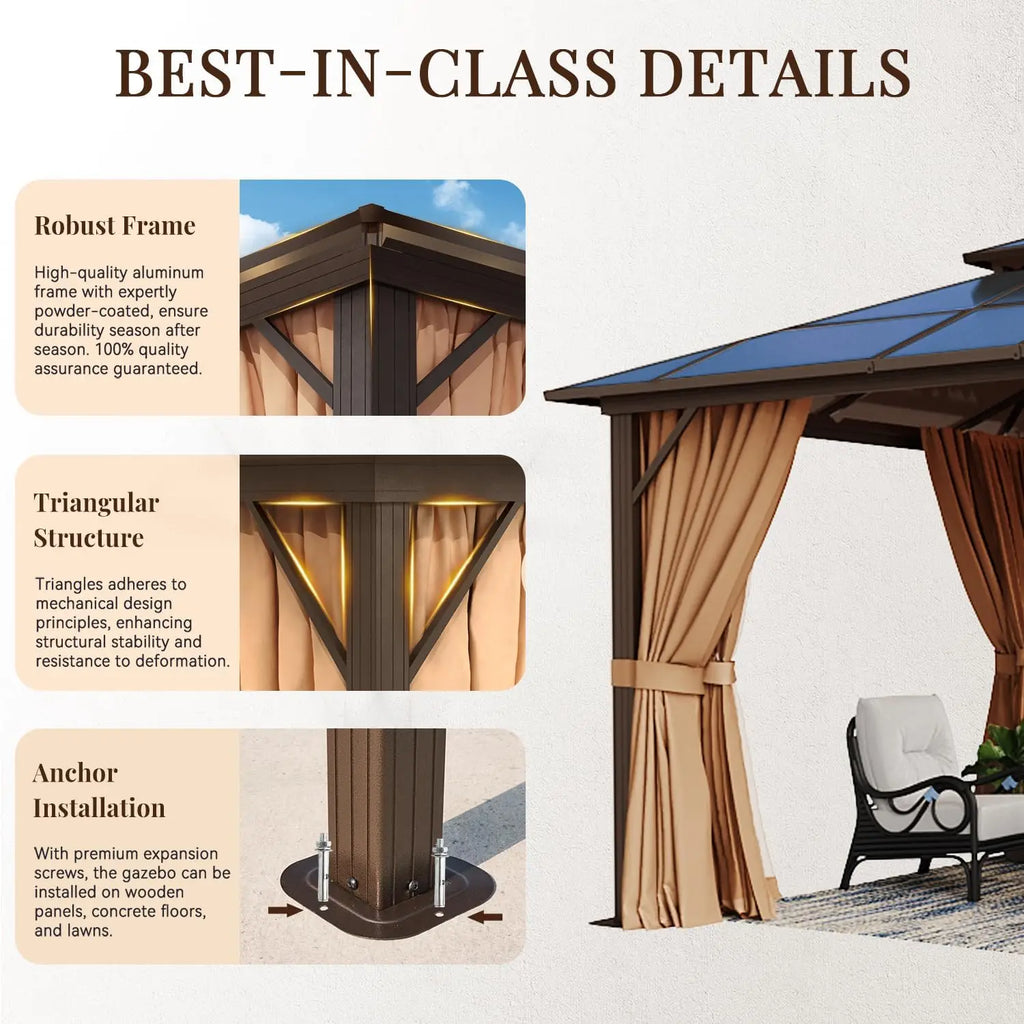 10x12ft Hardtop Gazebo, Double Roof Aluminum Pavilion with Netting Curtains for Outdoor Patio Garden