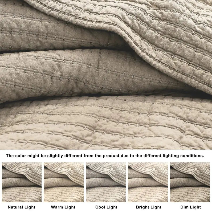 100 Cotton Queen Size Quilt Set Beige Neutral Striped Pick Stitch Soft Lightweight Bedspread, Textured Like Linen, Farmhouse Cou
