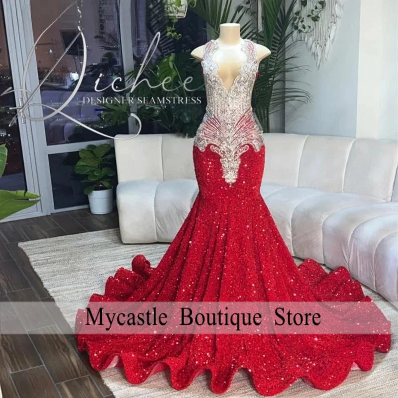 Customized Glitter Red Mermaid Prom Dress 2026 Black Girls Sequins Diamond Crystal Beaded Evening Birthday Party Gown