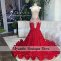 Customized Glitter Red Mermaid Prom Dress 2026 Black Girls Sequins Diamond Crystal Beaded Evening Birthday Party Gown