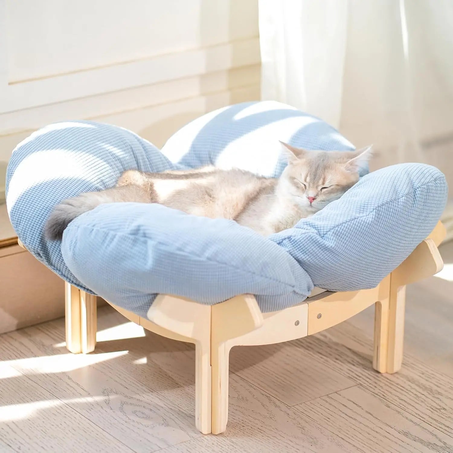 Elevated Cat Bed Wooden With Cushion Fluffy Pet Couch Sofa For Indoor Cats