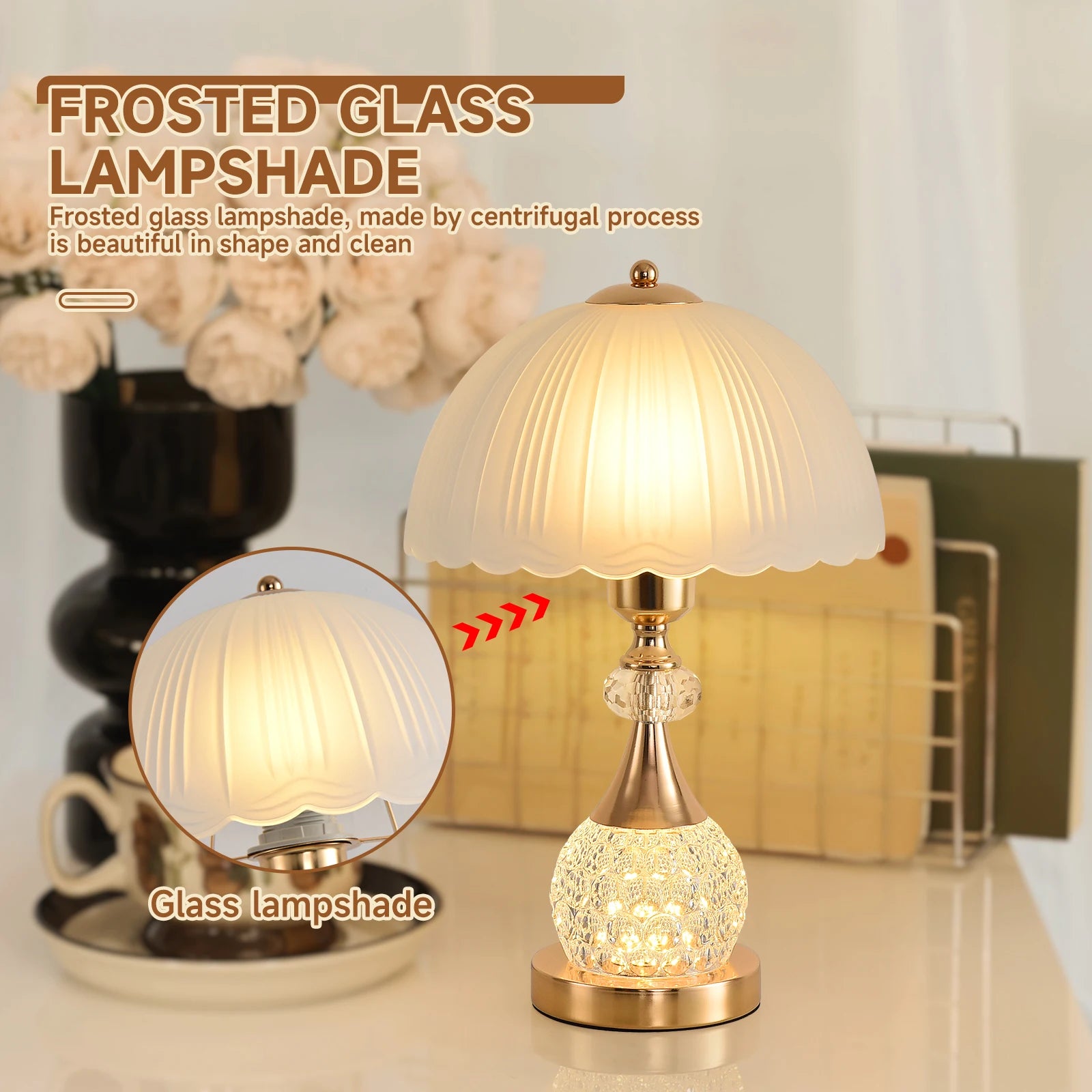 Bedside Table Lamp Petal Light Luxury Crystal Push Button Switch Control Dimming