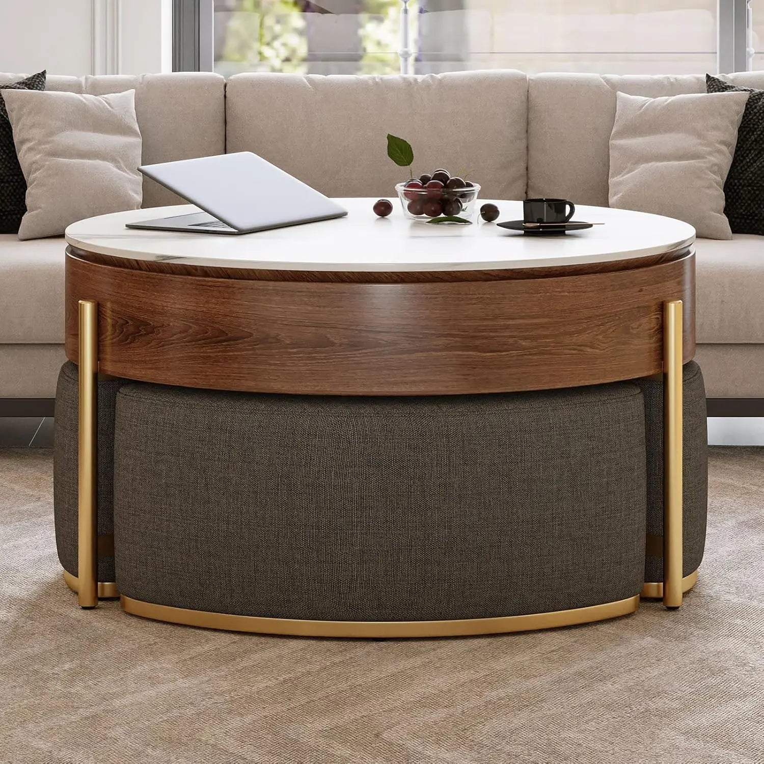 Coffee Table with 3 Stool, Lift-Top Round Coffee Table with Hidden Storage