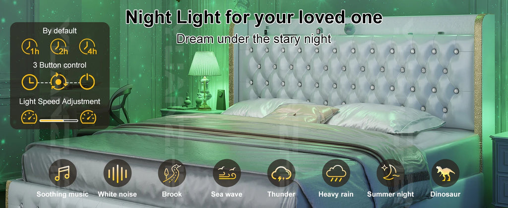 GEGOFORU LED Bed Frame with Galaxy Projector, Bluetooth Speaker, USB Ports, 4 Drawers, No Box Spring Needed, PU Black