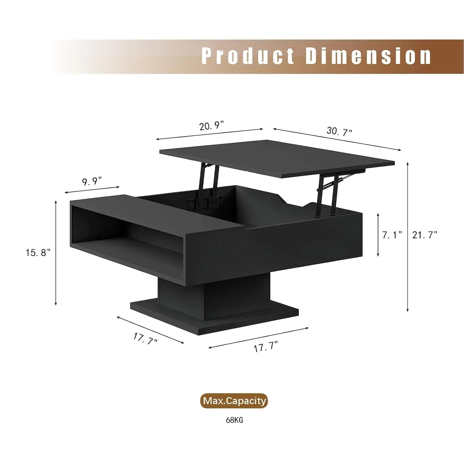 30.7" Lift Top Coffee Table with Storage, Square Black Led Coffee Table