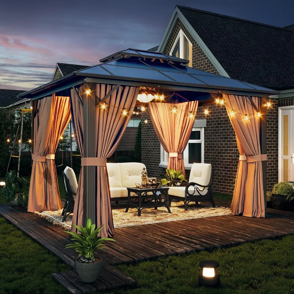 10x12ft Hardtop Gazebo, Double Roof Aluminum Pavilion with Netting Curtains for Outdoor Patio Garden