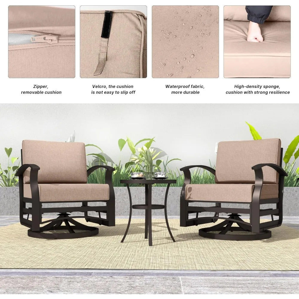 3 Pieces Patio Furniture Set, Swivel Rocking Gliders with Tempered Glass Side Table