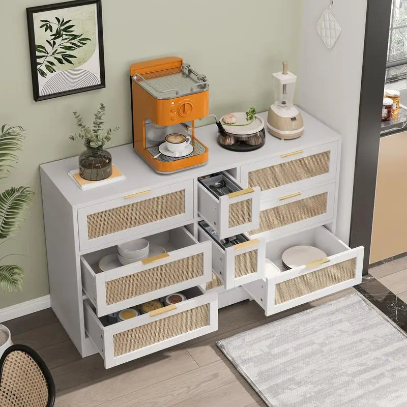 51.2” White Rattan Storage Locker with 9 Drawers and Metal Handles for Kitchen, Living Room, and Bedroom