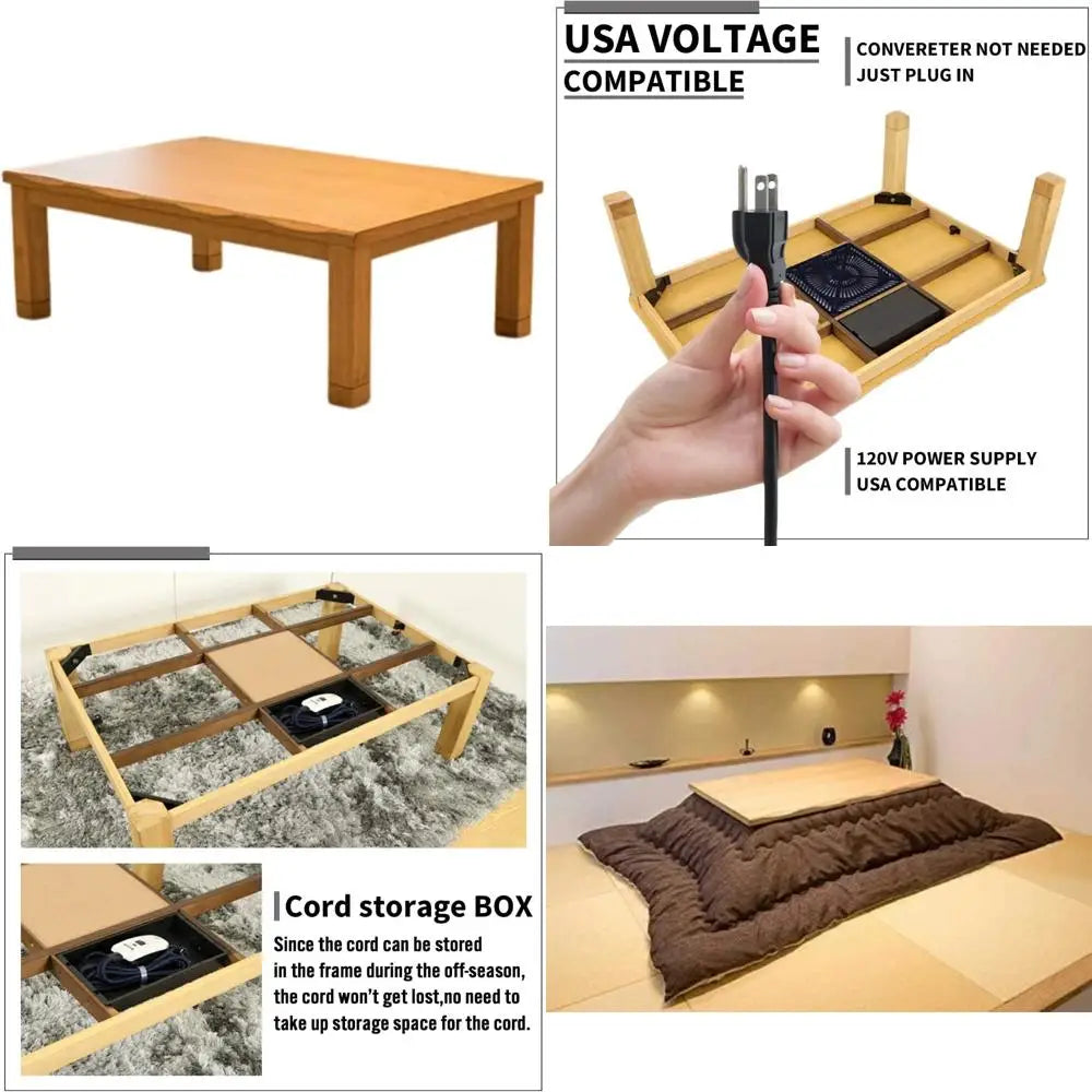 Japanese Style Electric Heated Kotatsu Table - Wooden Chabudai Furniture with 120V Heater for Dining and Work