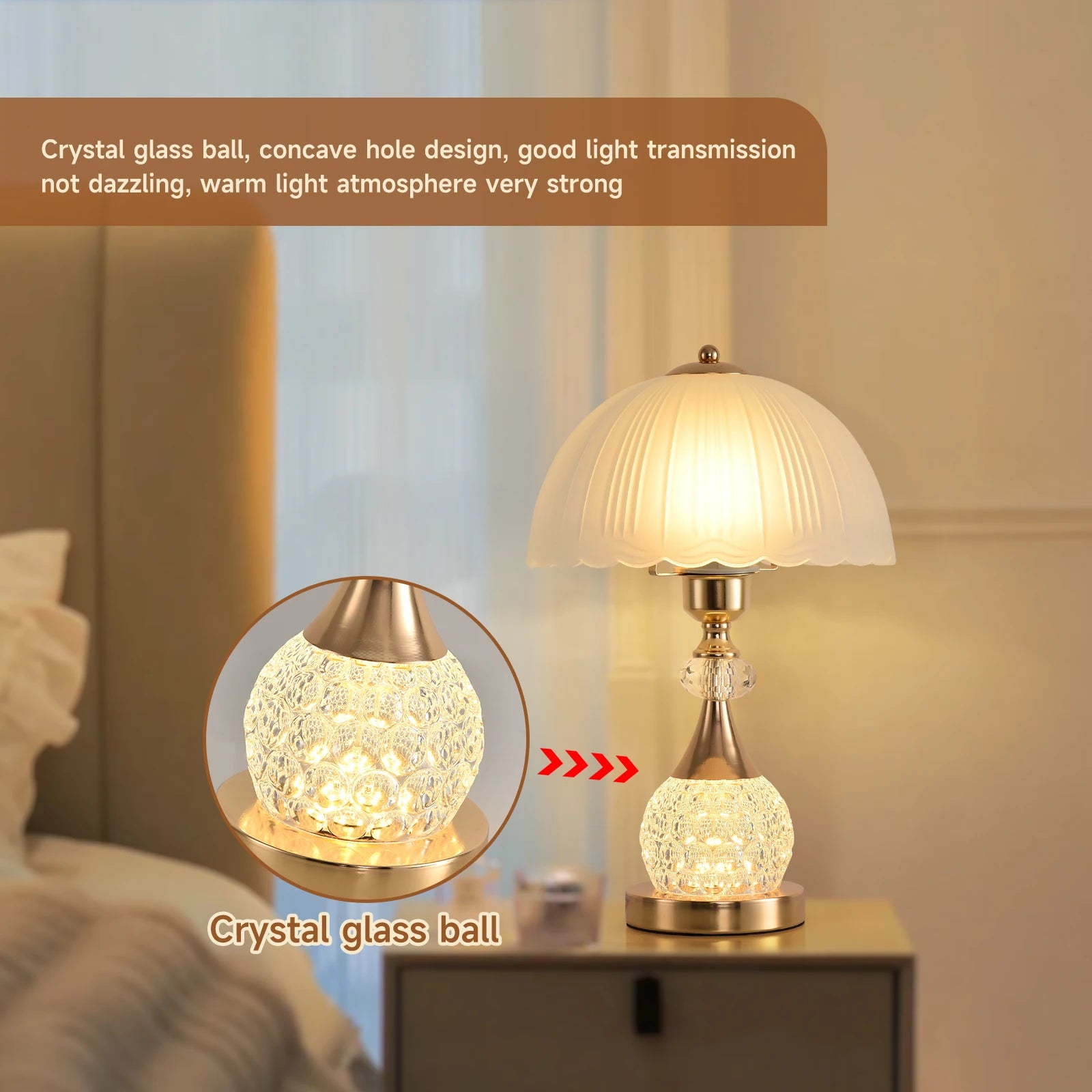 Bedside Table Lamp Petal Light Luxury Crystal Push Button Switch Control Dimming