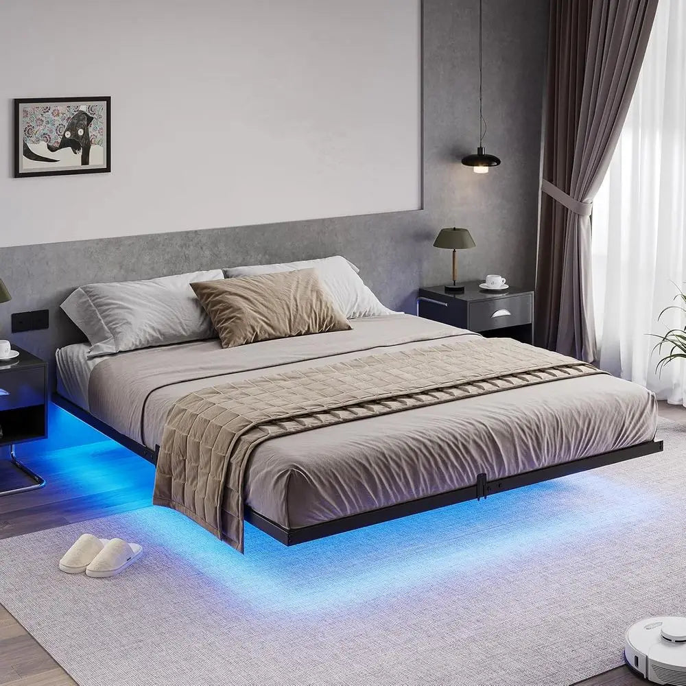 California King Size Metal Platform Bed with LED Lights, No Box Spring Needed, Easy Assembly