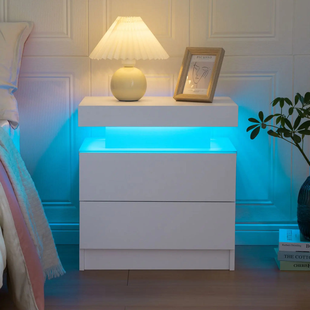 Cubehom LED Nightstand or End Table with 2 Drawers, RGB LED Lights