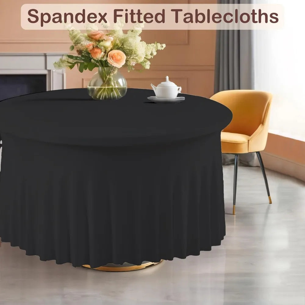 Set of 10 Black Spandex Round Table Covers for 60 Tables, Elastic 120 Fitted 5FT Round Tablecloths, Wrinkle Resistant and Washab