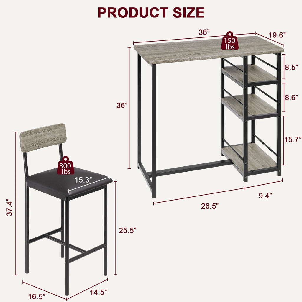 Dining Table Set with 3-Tier Shelves Bar Kitchen Table Set with 2 Padded Chairs