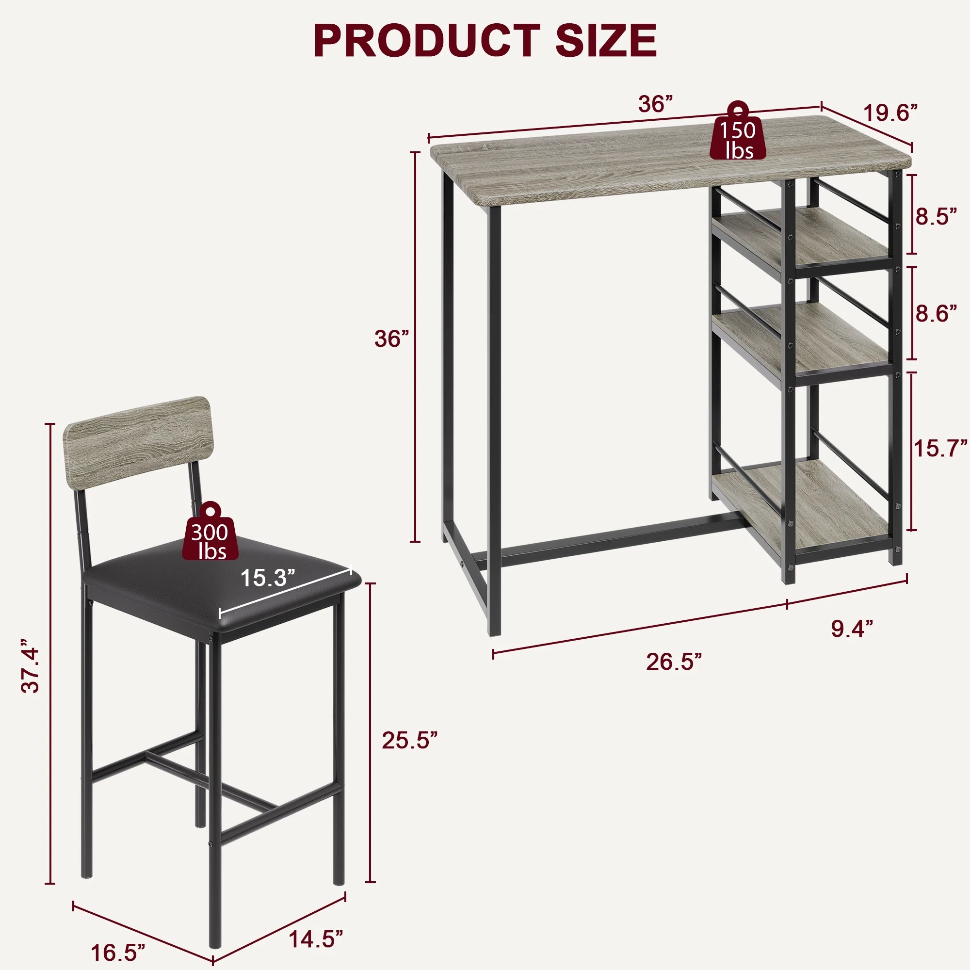 Dining Table Set with 3-Tier Shelves Bar Kitchen Table Set with 2 Padded Chairs