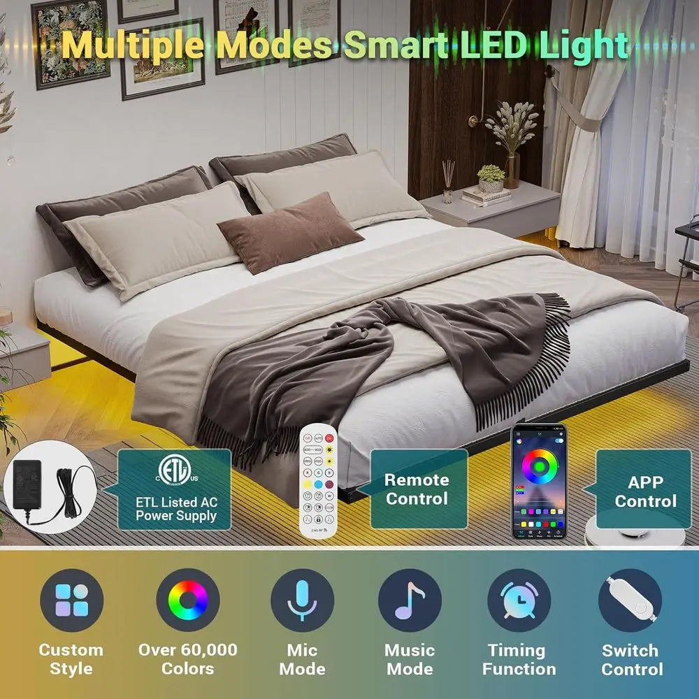 California King Size Metal Platform Bed with LED Lights, No Box Spring Needed, Easy Assembly