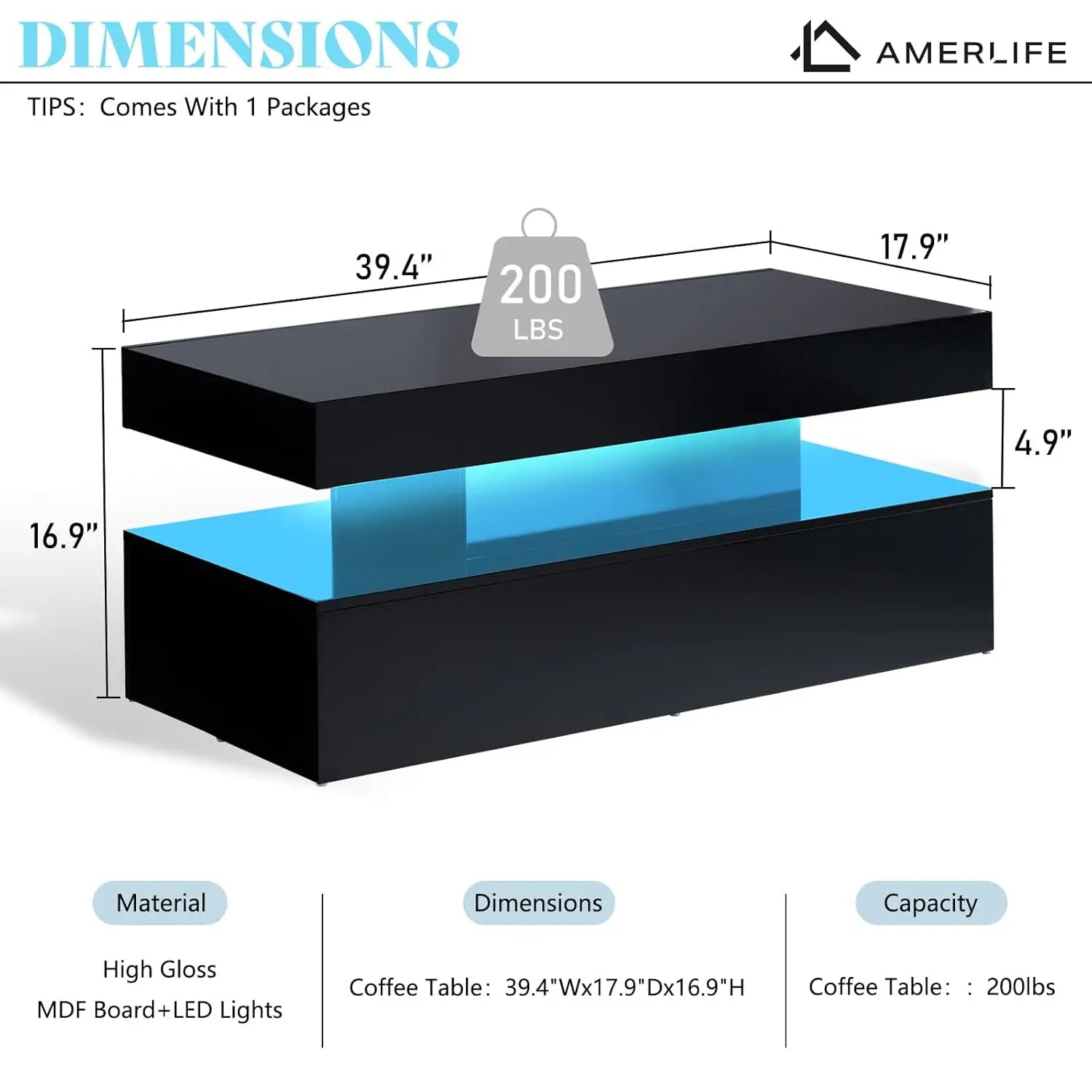 High Gloss LED Coffee Table, Modern 2-Tier Center Table with LED Lights,, 40in Simple, Customized