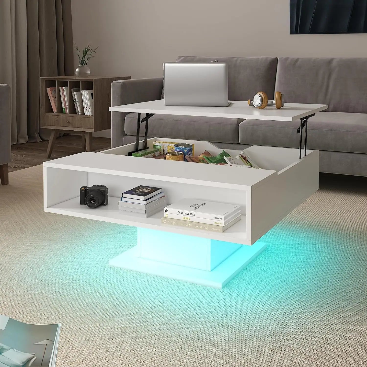 30.7" Lift Top Coffee Table with Storage, Square Black Led Coffee Table