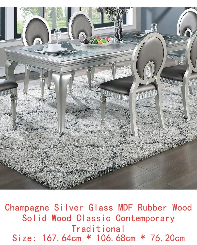 7pc Silver Hue Glass Dining Table Set with 6 Tufted Side Chairs