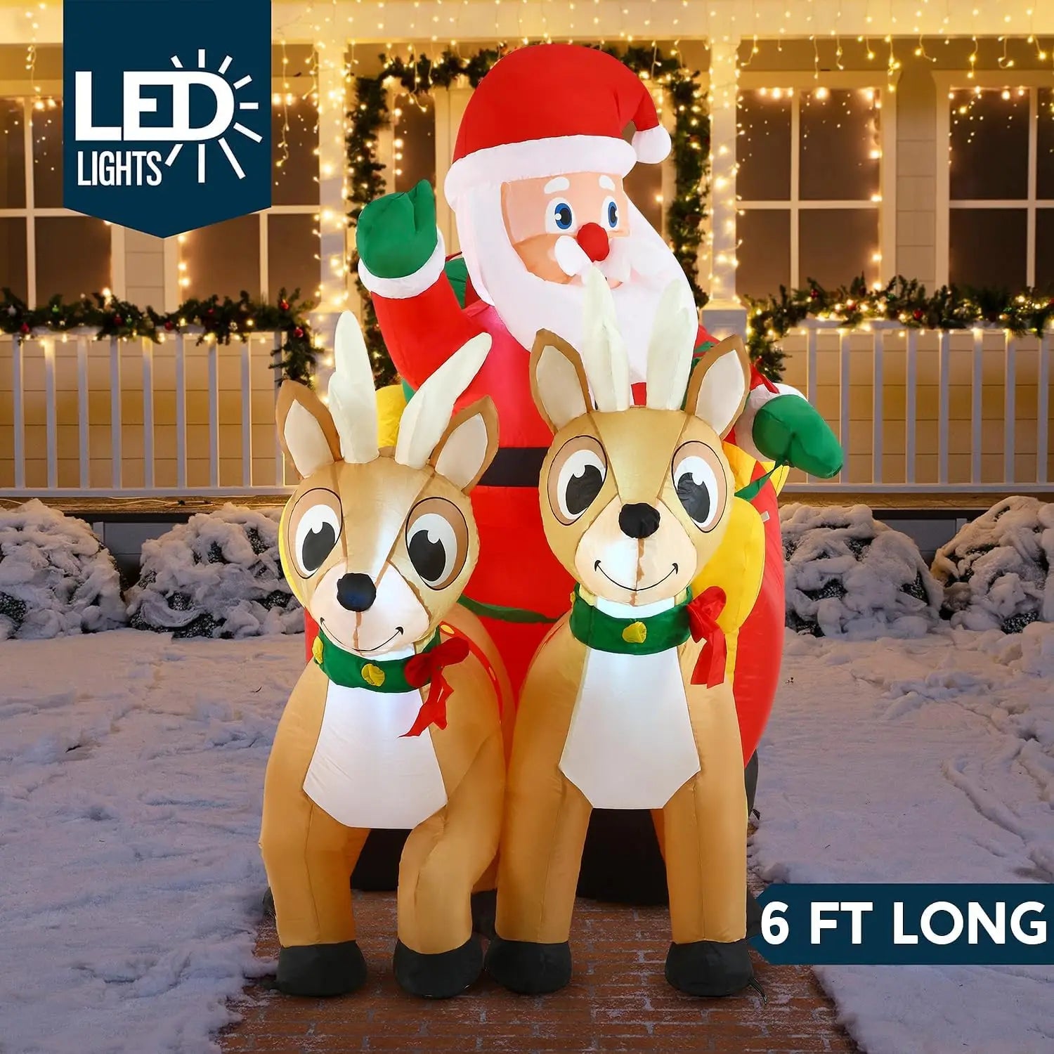JOYFY 6.6 FT Long Christmas Inflatable Decoration Reindeer Peeing on Snowman with Build-in LEDs for Xmas Party Yard Garden Décor