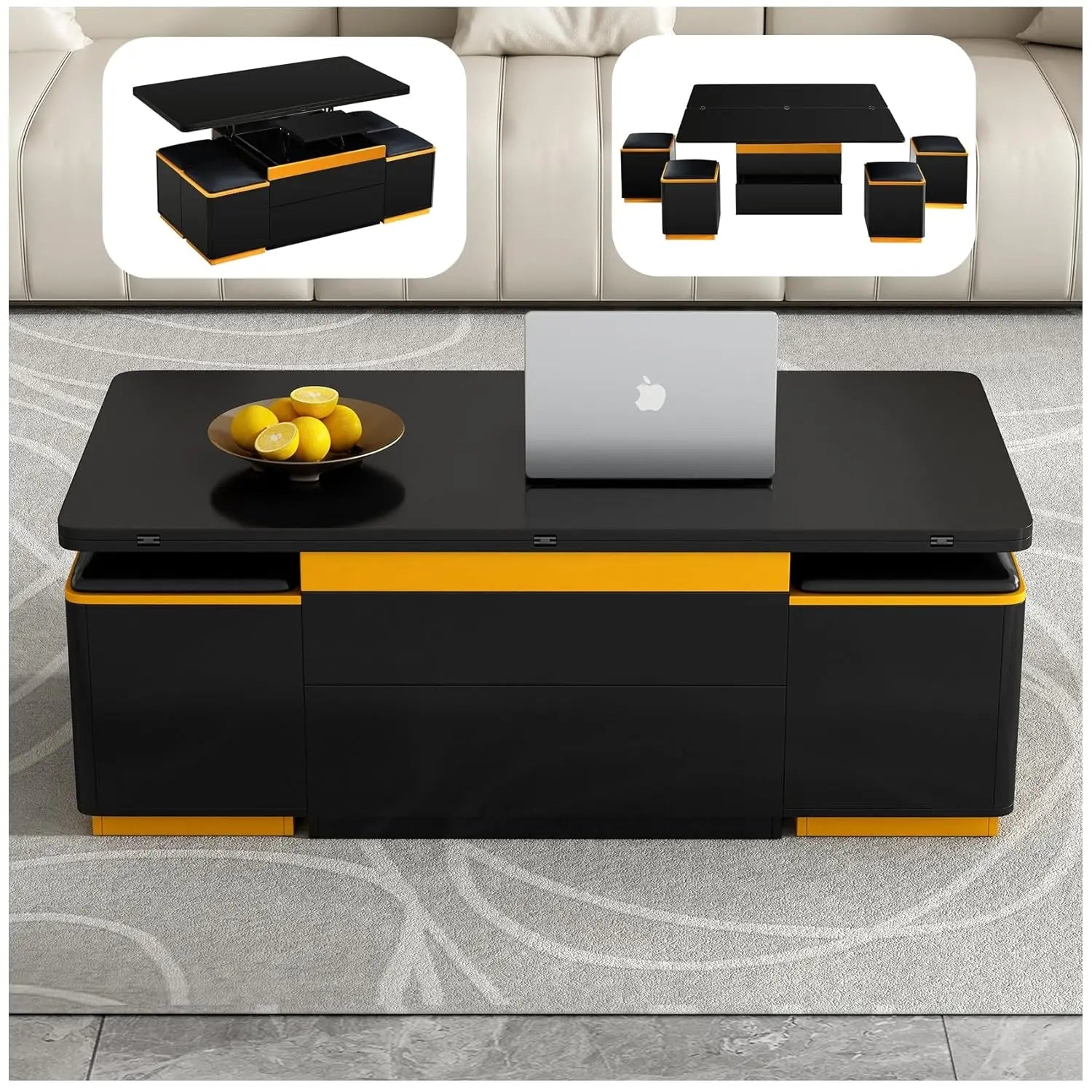 Coffee Table with 3 Stool, Lift-Top Round Coffee Table with Hidden Storage