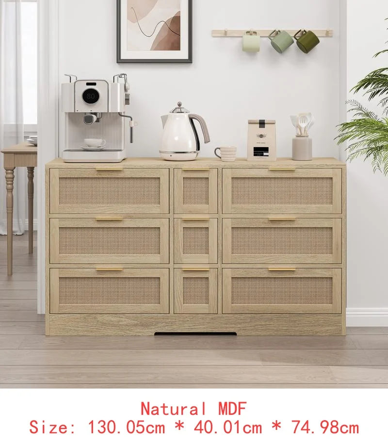 51.2” White Rattan Storage Locker with 9 Drawers and Metal Handles for Kitchen, Living Room, and Bedroom