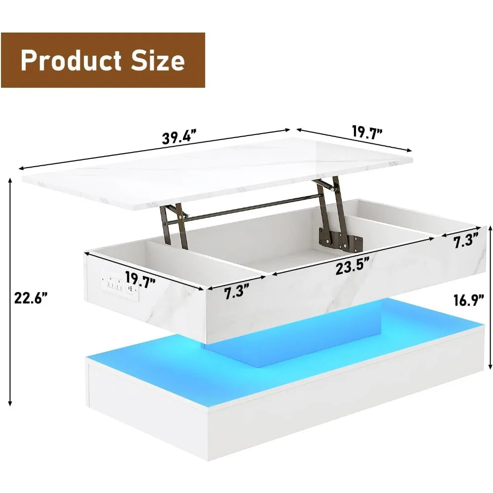 39.4" Lift Top LED Coffee Table with Charging, Lights, Storage - Modern White Living Room Center Table