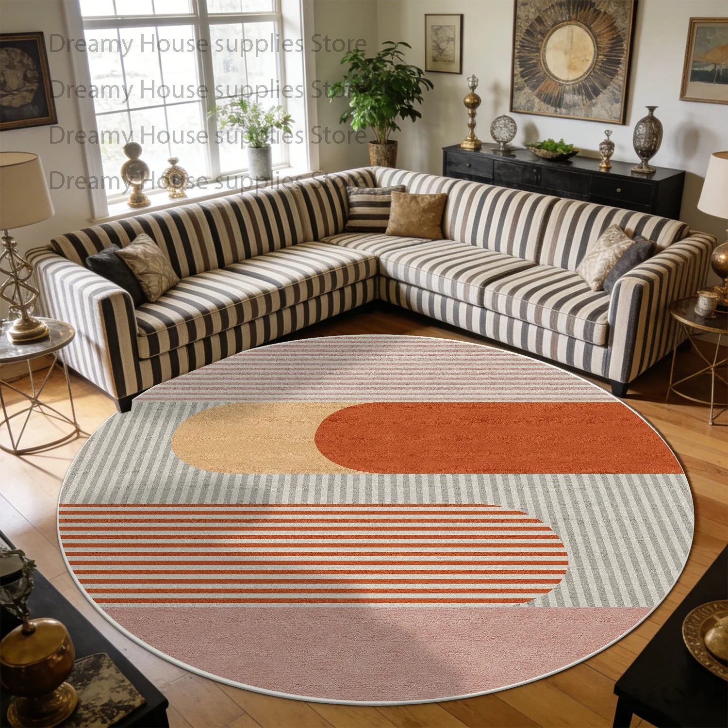 Simple Style Striped Cream Color Round Sofa Floor Mat Decoration Home Living Room Study Non-slip Carpet Bedroom Tables Chair Mat