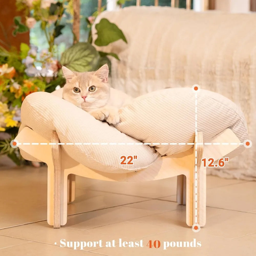 Elevated Cat Bed Wooden With Cushion Fluffy Pet Couch Sofa For Indoor Cats