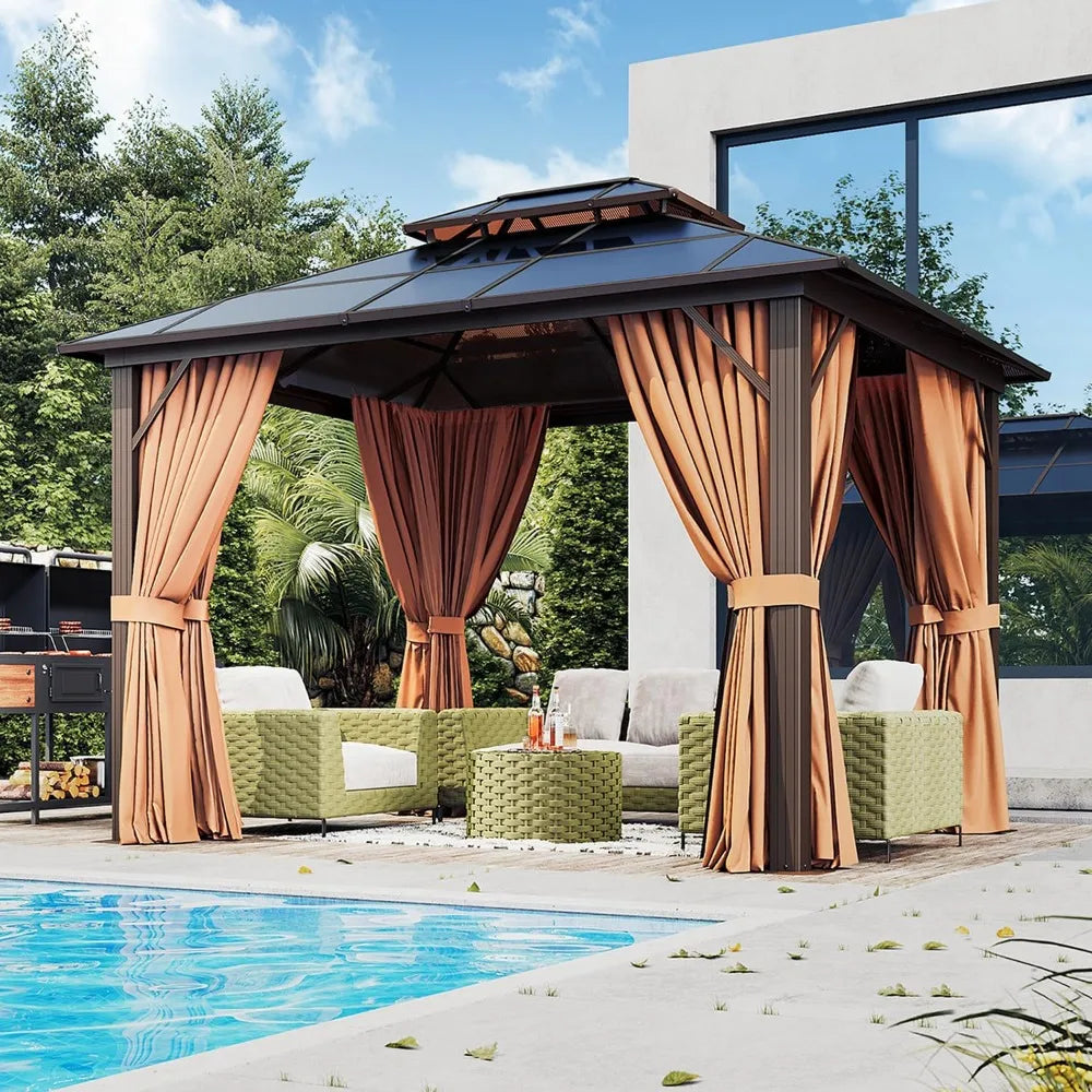 10x12ft Hardtop Gazebo, Double Roof Aluminum Pavilion with Netting Curtains for Outdoor Patio Garden