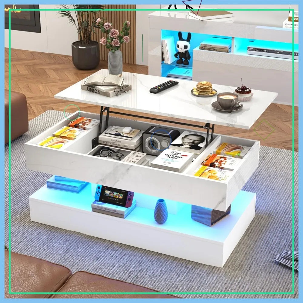 39.4" Lift Top LED Coffee Table with Charging, Lights, Storage - Modern White Living Room Center Table