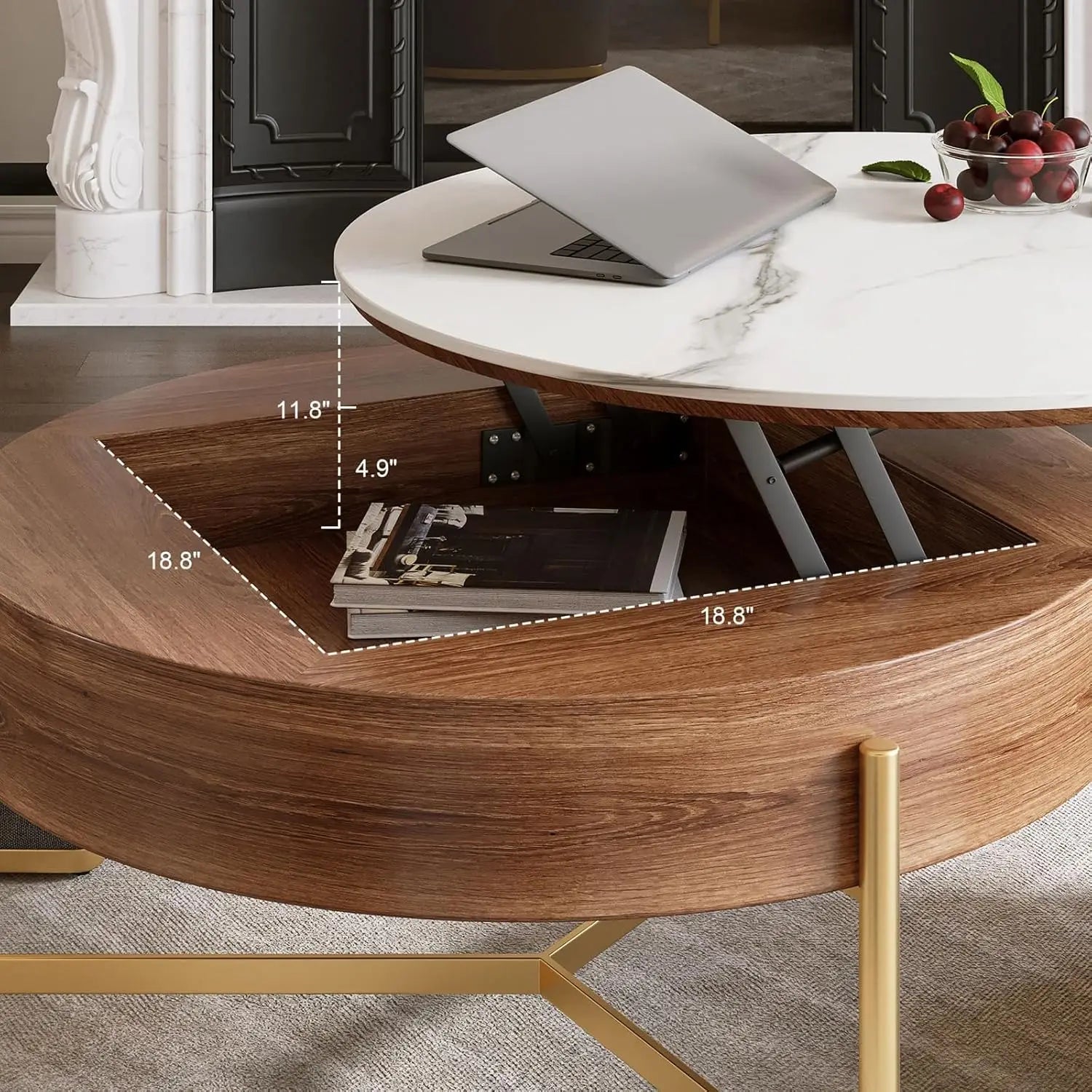 Coffee Table with 3 Stool, Lift-Top Round Coffee Table with Hidden Storage