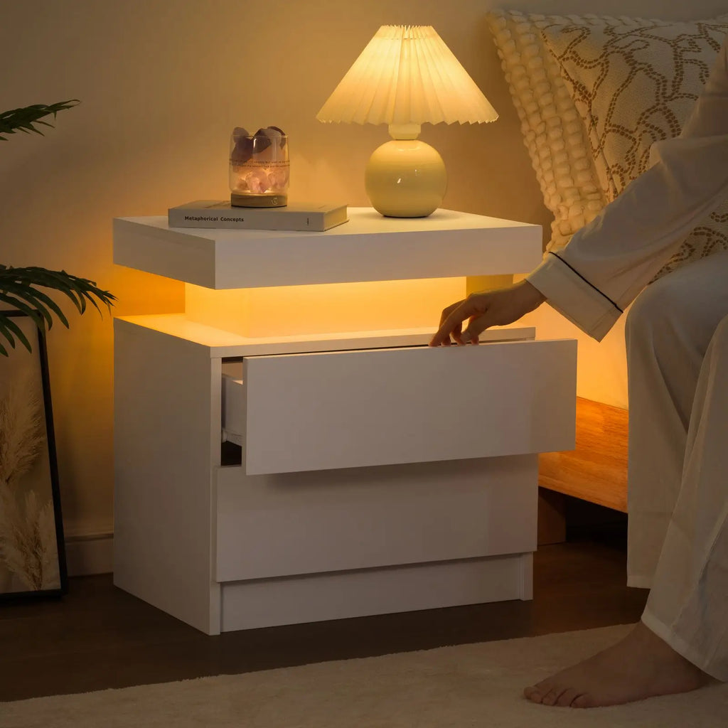 Cubehom LED Nightstand or End Table with 2 Drawers, RGB LED Lights