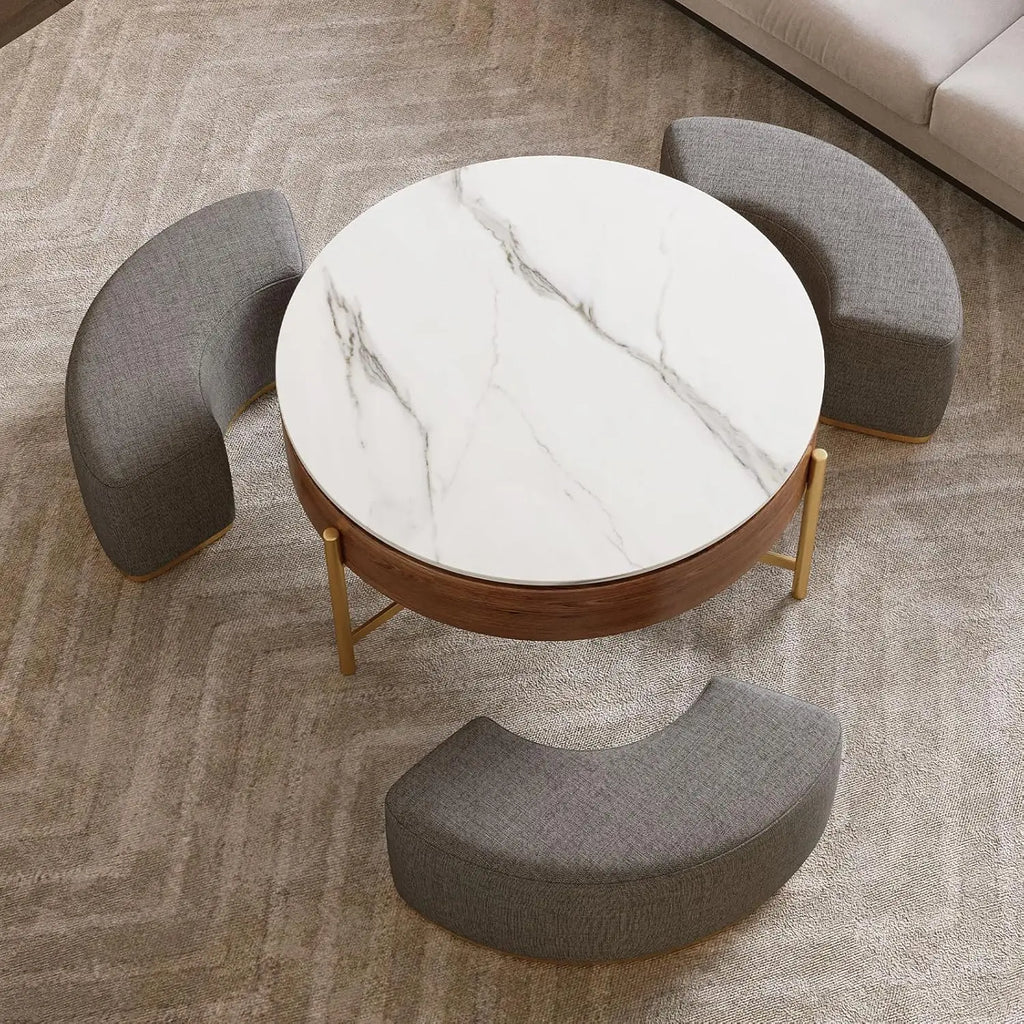 Coffee Table with 3 Stool, Lift-Top Round Coffee Table with Hidden Storage