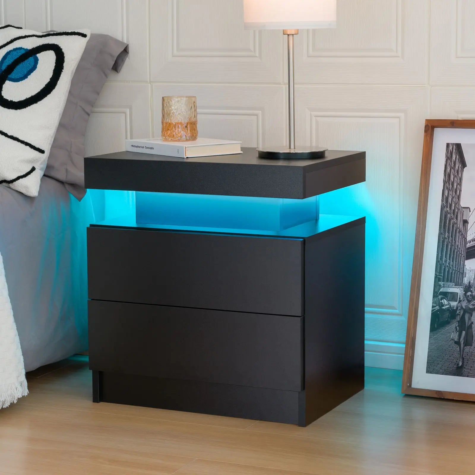 Cubehom LED Nightstand or End Table with 2 Drawers, RGB LED Lights