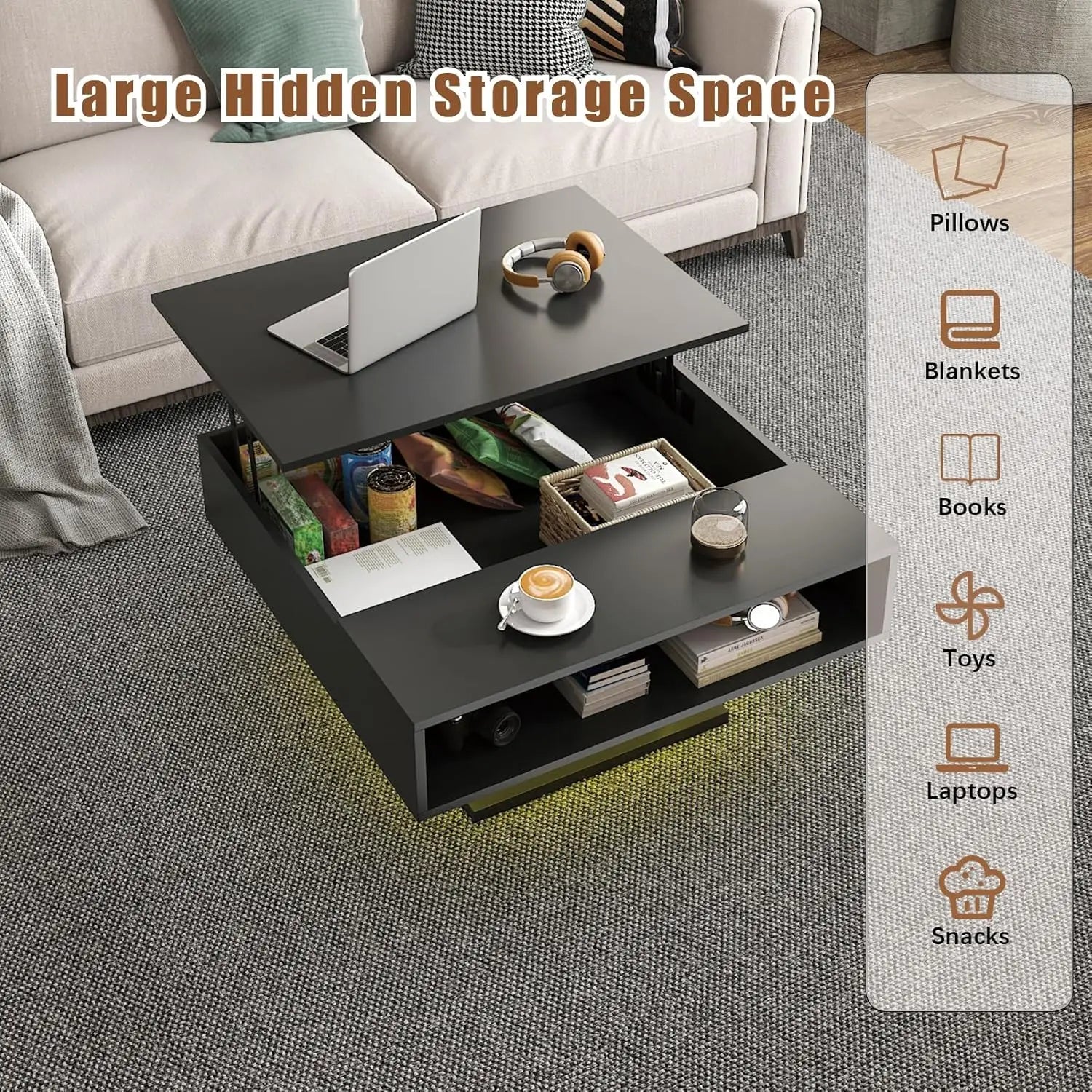 30.7" Lift Top Coffee Table with Storage, Square Black Led Coffee Table